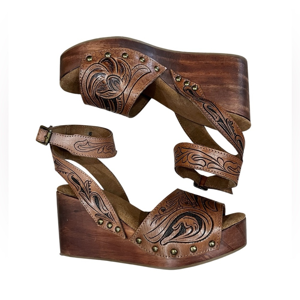 Western hand tooled leather wedge summer sandals SOLD OUT -6 - Picture 4 of 10